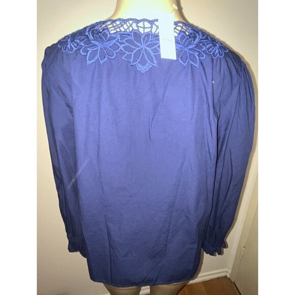 J. Crew Blue Cotton Puff Sleeves Crochet Trim Blouse Size XL New - Picture 4 of 4